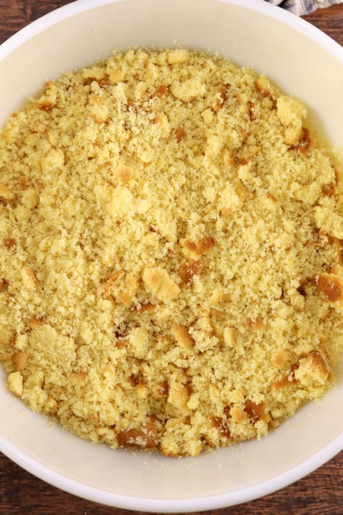 Cornbread crumbled in a bowl