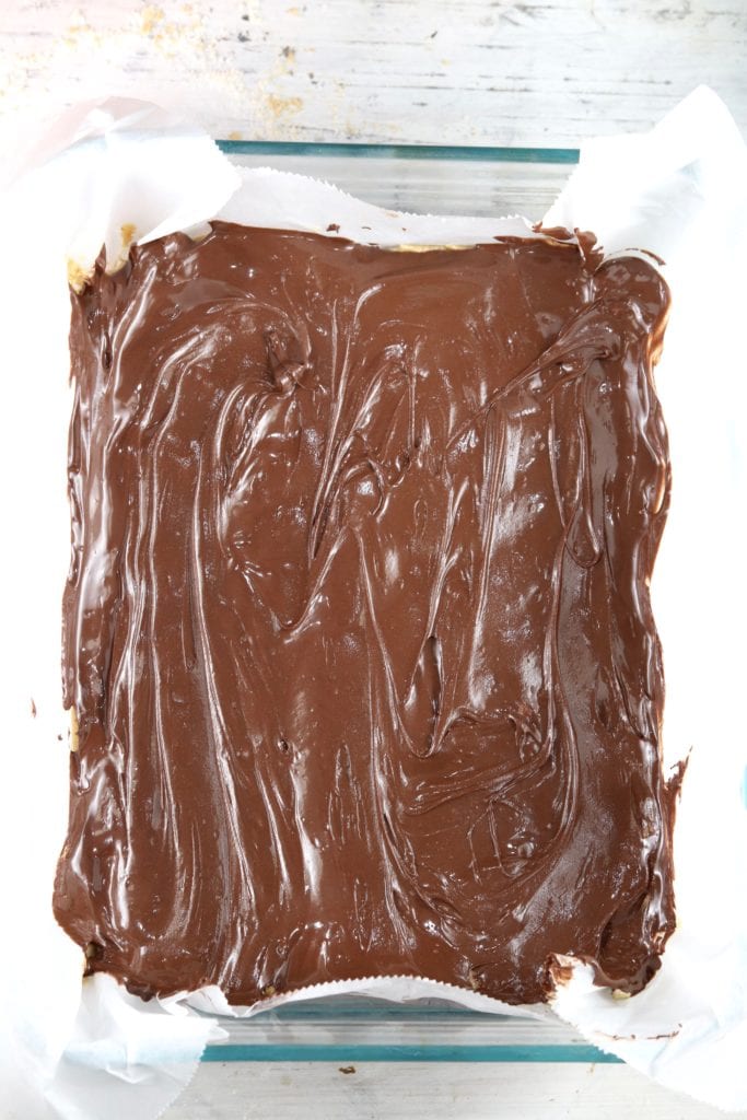 Melted chocolate spread over peanut butter bars
