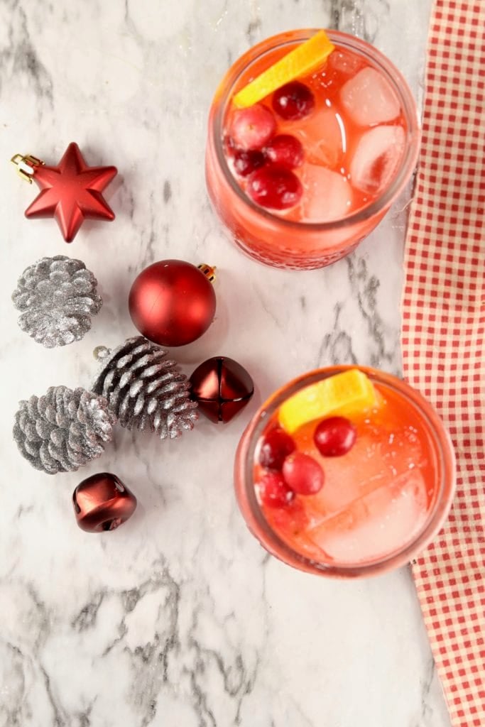 Christmas party punch overhead view with Christmas ornaments