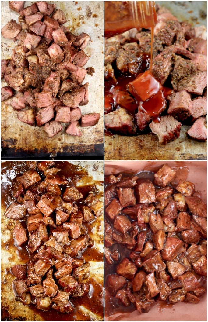 Collage of chuck roast cut into cubes for burnt ends