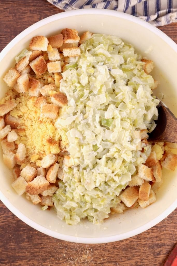 Ingredients in a bowl for cornbread dressing