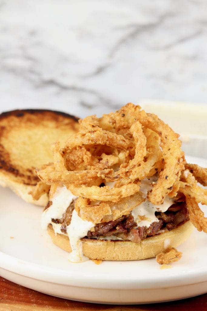 Crispy onions, horseradish and beef sandwich