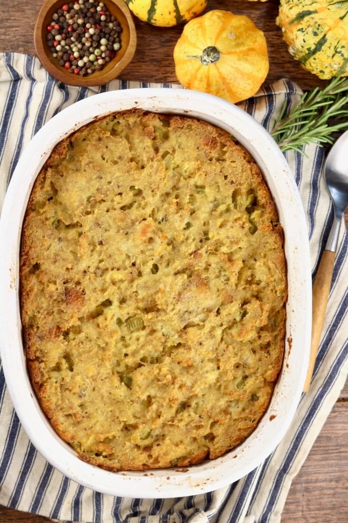Southern Cornbread Dressing in an oval casserole dish