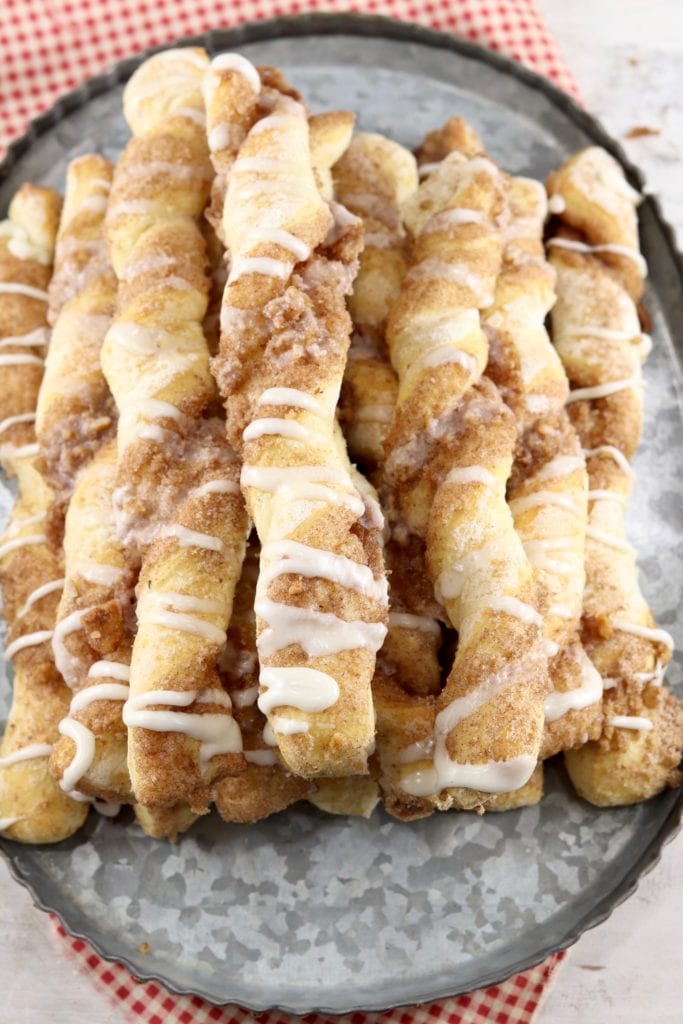 Galvanized tray of Cinnamon Twists with icing