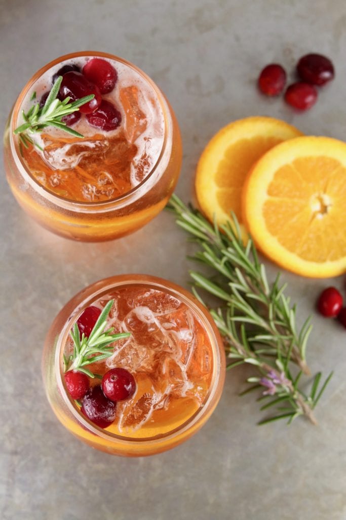 Overhead view of 2 glasses of winter moscato punch