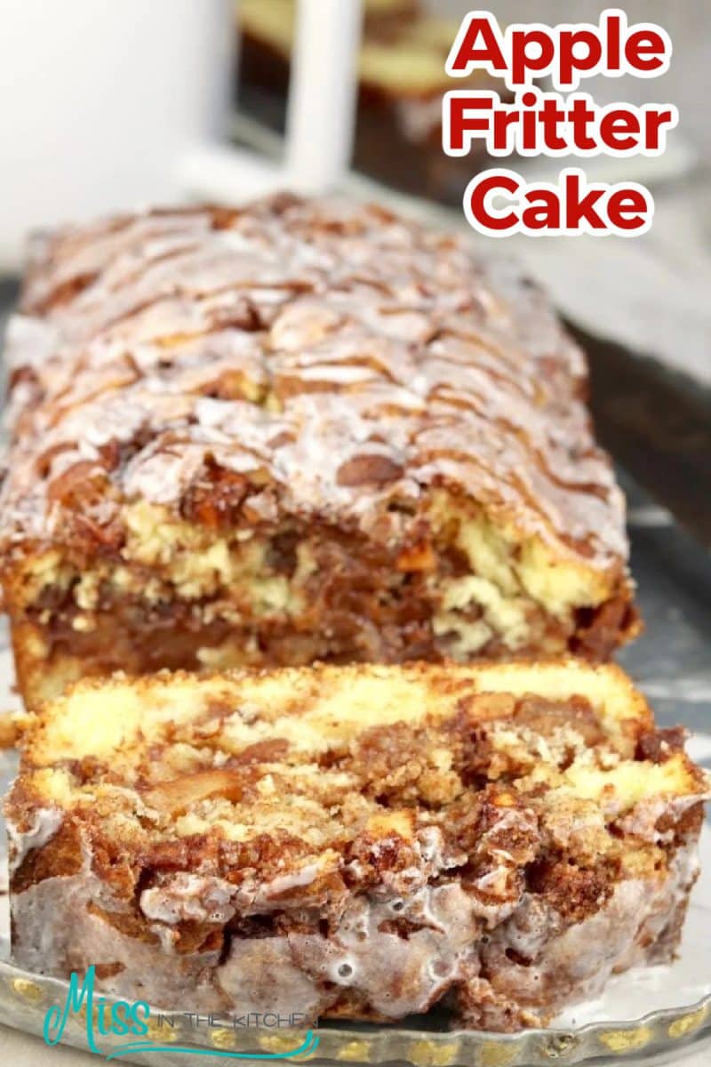 Apple fritter cake with powdered sugar icing - text overlay.