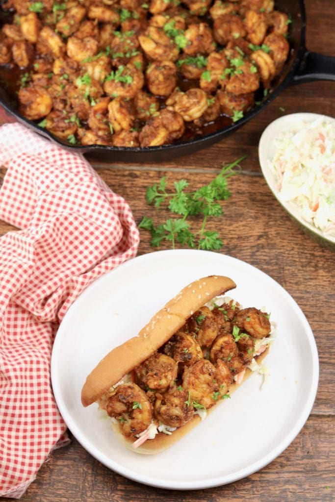 Overhead of Shrimp Po Boy sandwich with coleslaw