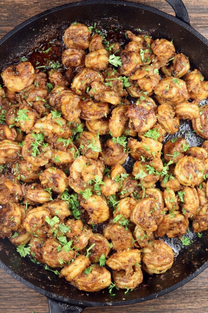 Cajun Shrimp in a cast iron skillet