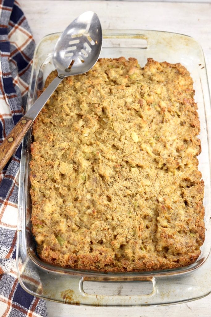Glass dish of southern chicken and dressing casserole