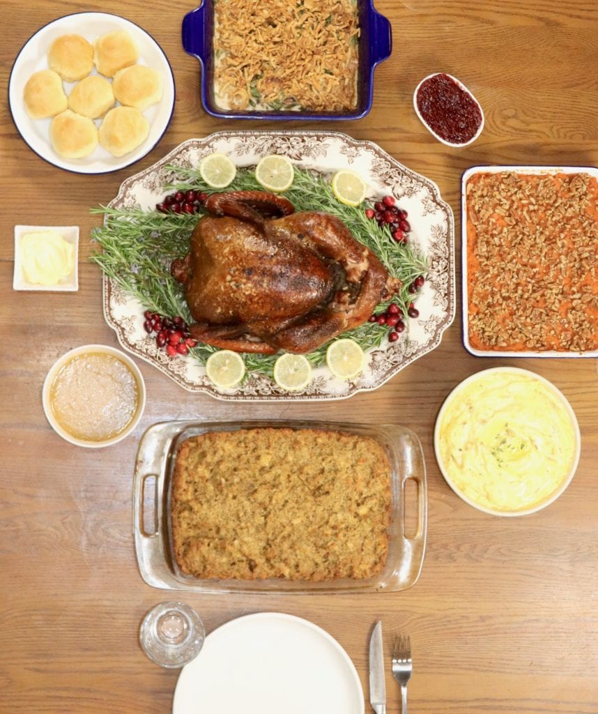 Overhead view of Thanksgiving dinner 