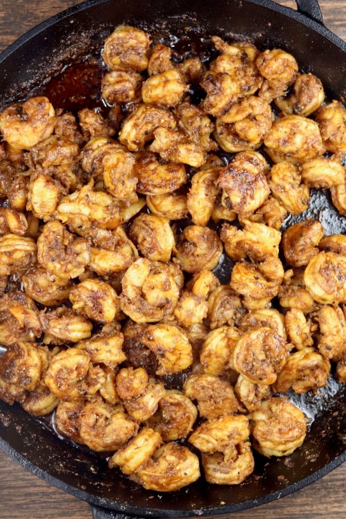 Blackened shrimp in a cast iron skillet