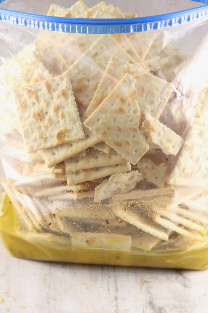 Saltine crackers with olive oil in a baggie