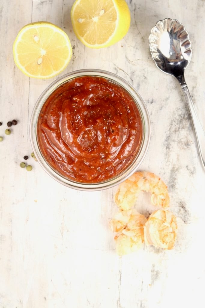 Cocktail Sauce with shrimp and fresh lemon