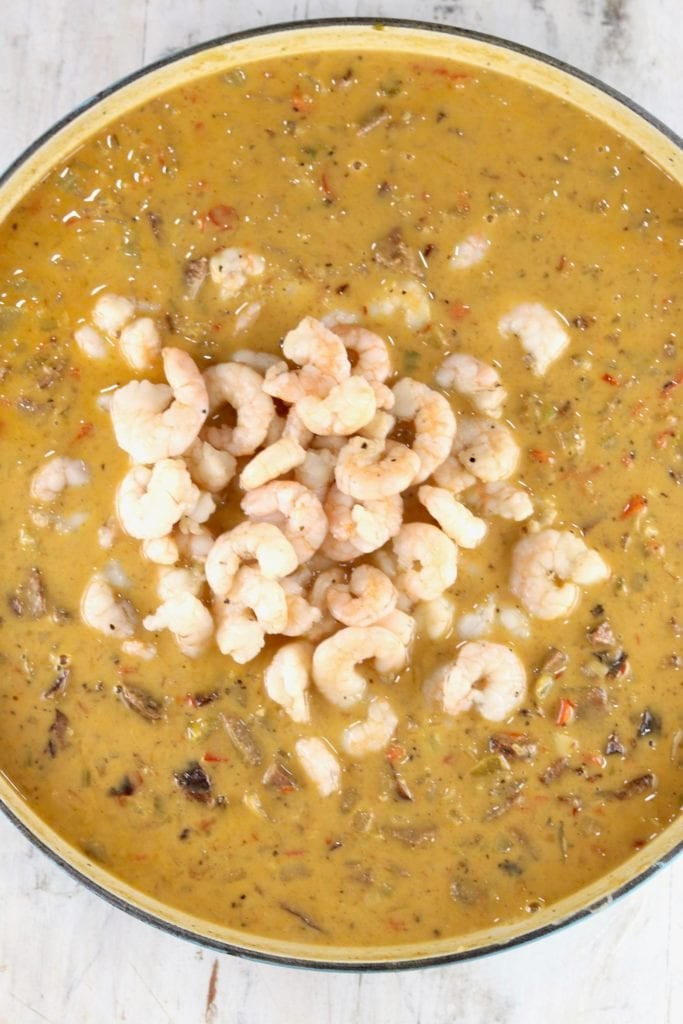 shrimp added into pan of gumbo
