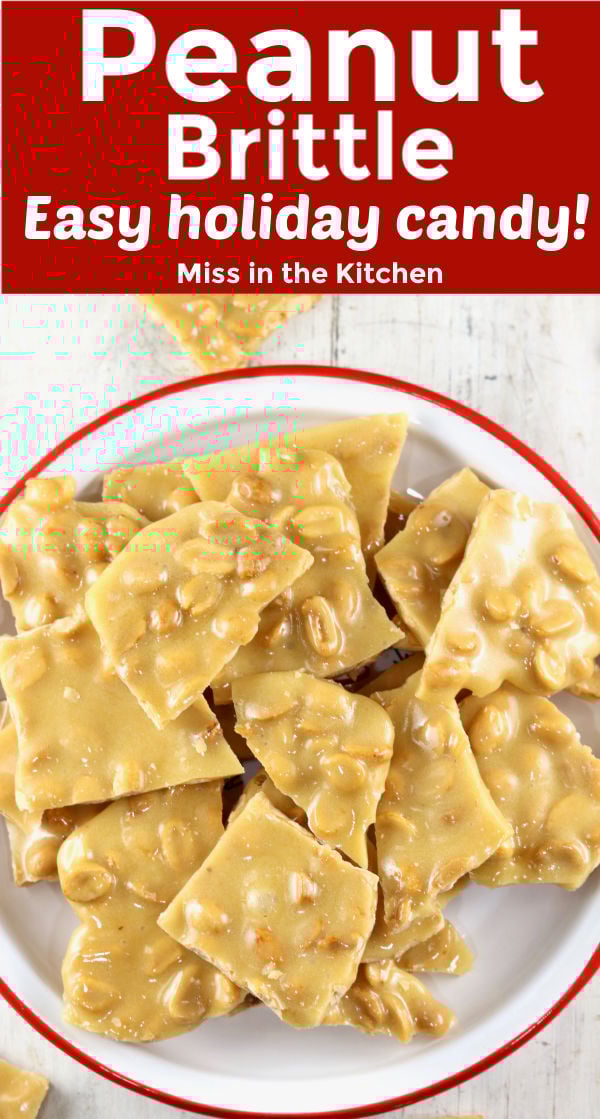 Peanut Brittle pieces on a plate with text overlay