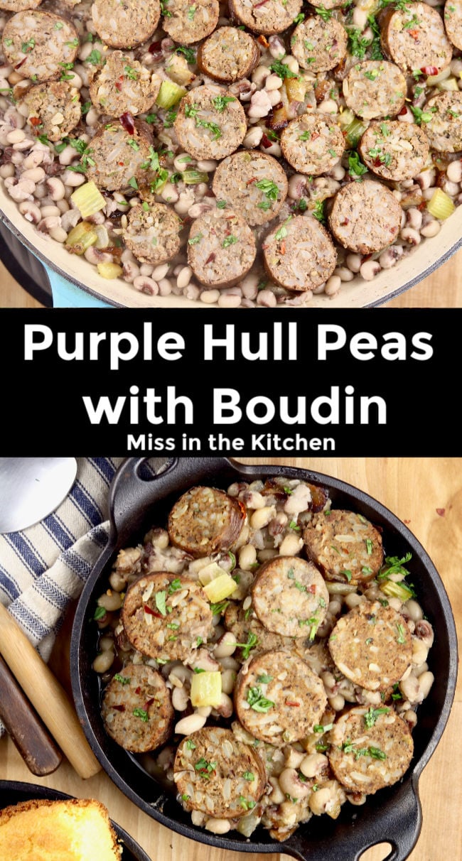 Collage of purple hull peas and plated