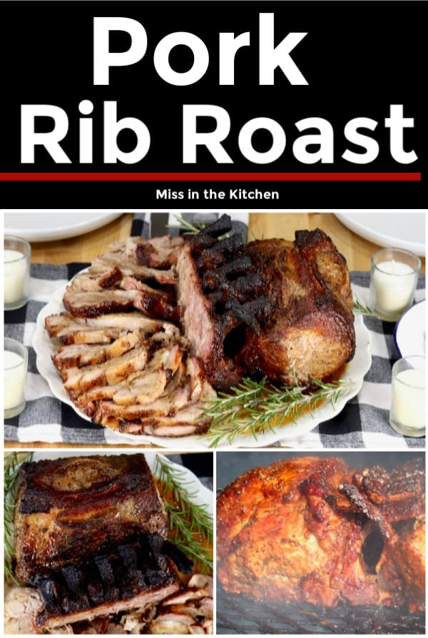Collage of pork rib roast, plated, sliced and on the grill