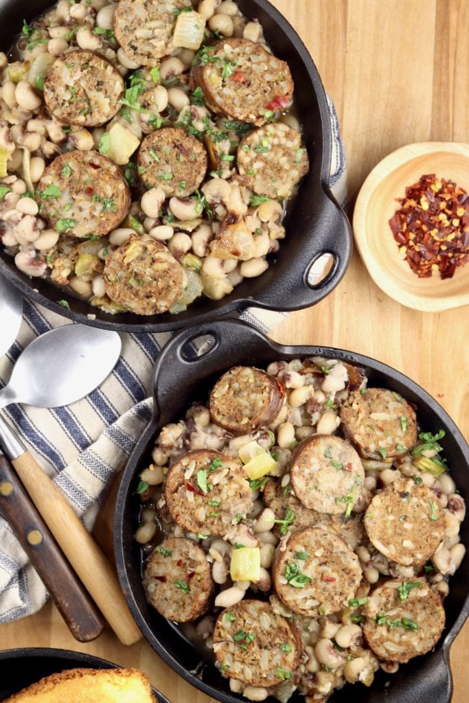 Purple Hull Peas with boudin and red pepper flakes 