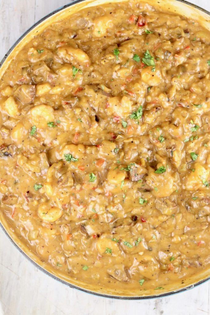 Pan of shrimp and smoked sausage gumbo