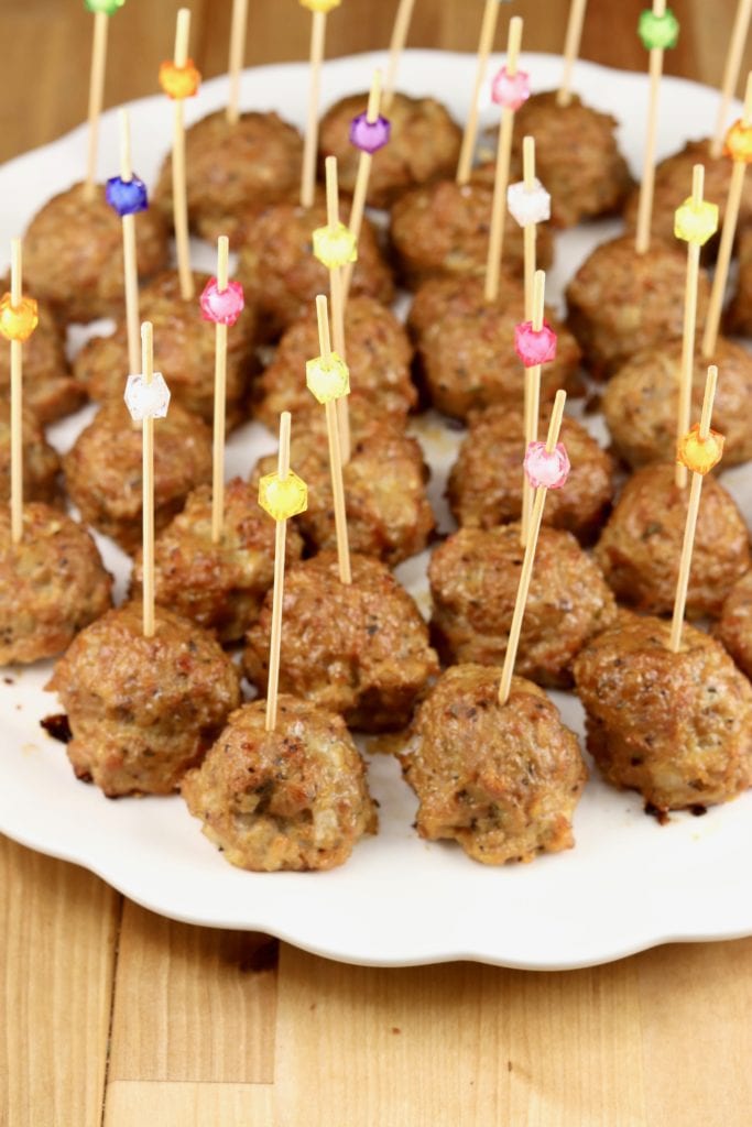 Platter of meatballs with party picks