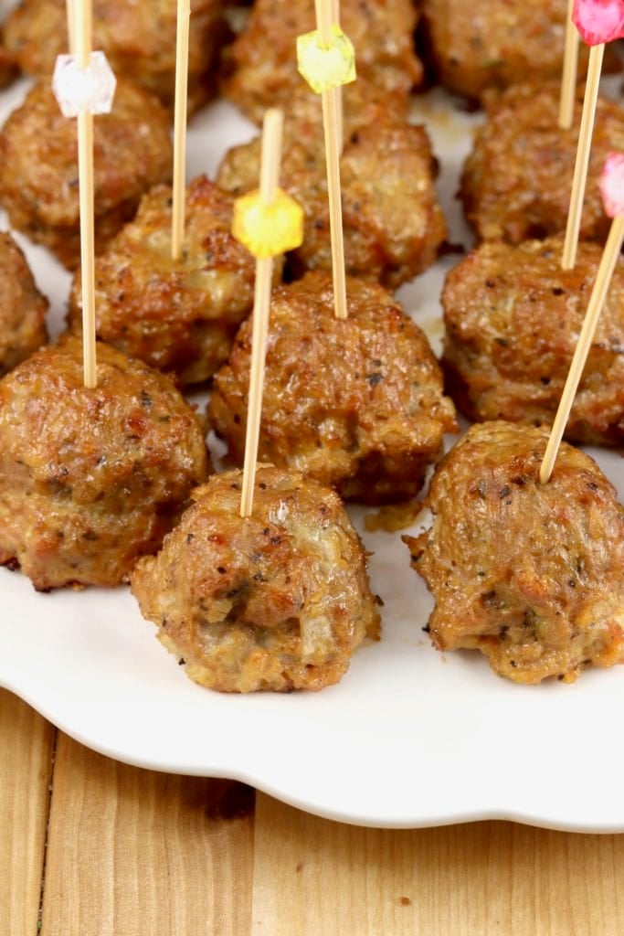 Cocktail party appetizer meatballs on a white platter