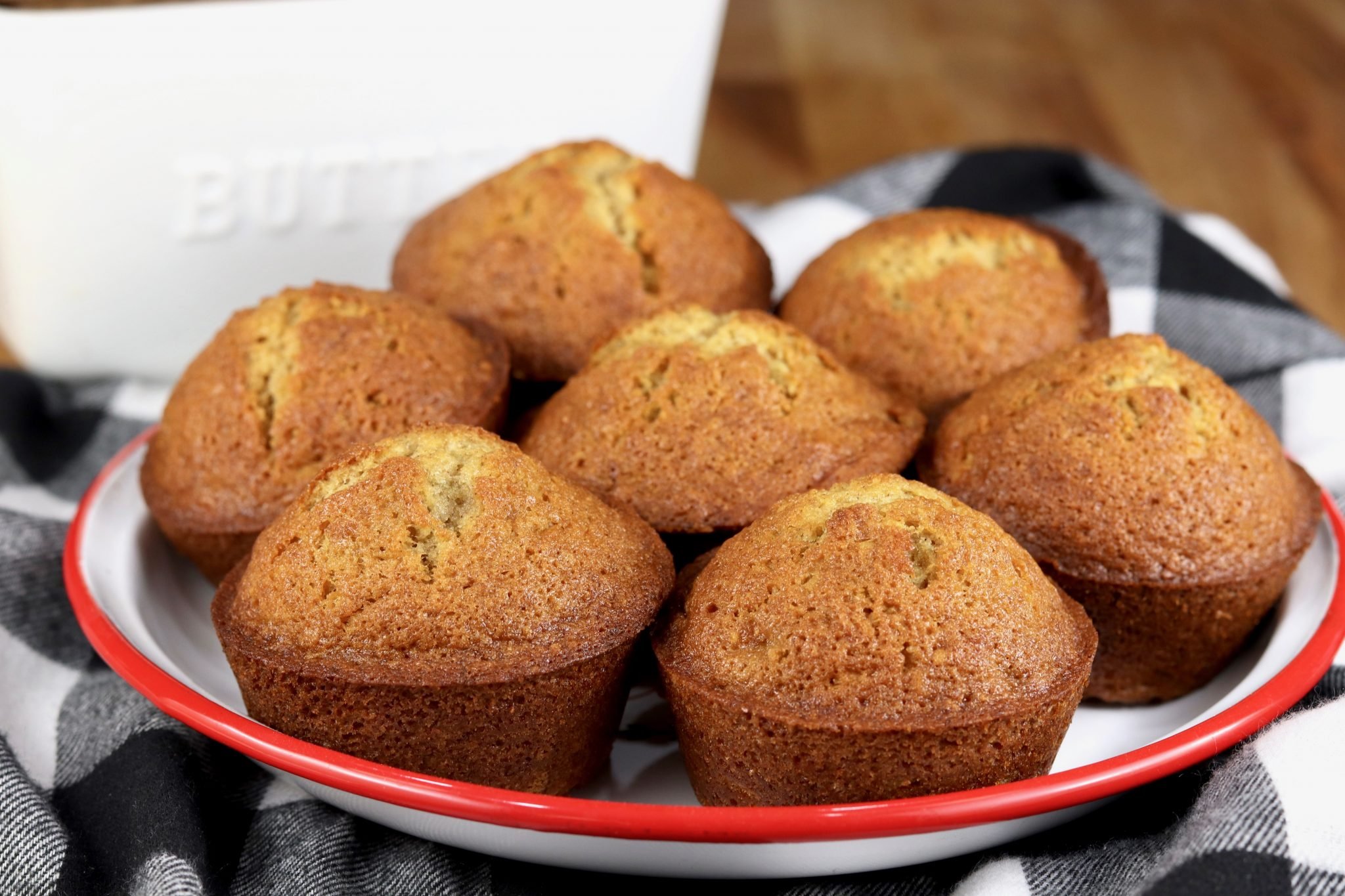 Banana Muffins in a red rimmed bowl