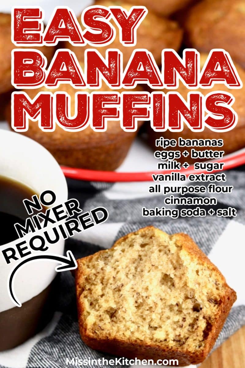 Banana muffin cut in half with coffee.