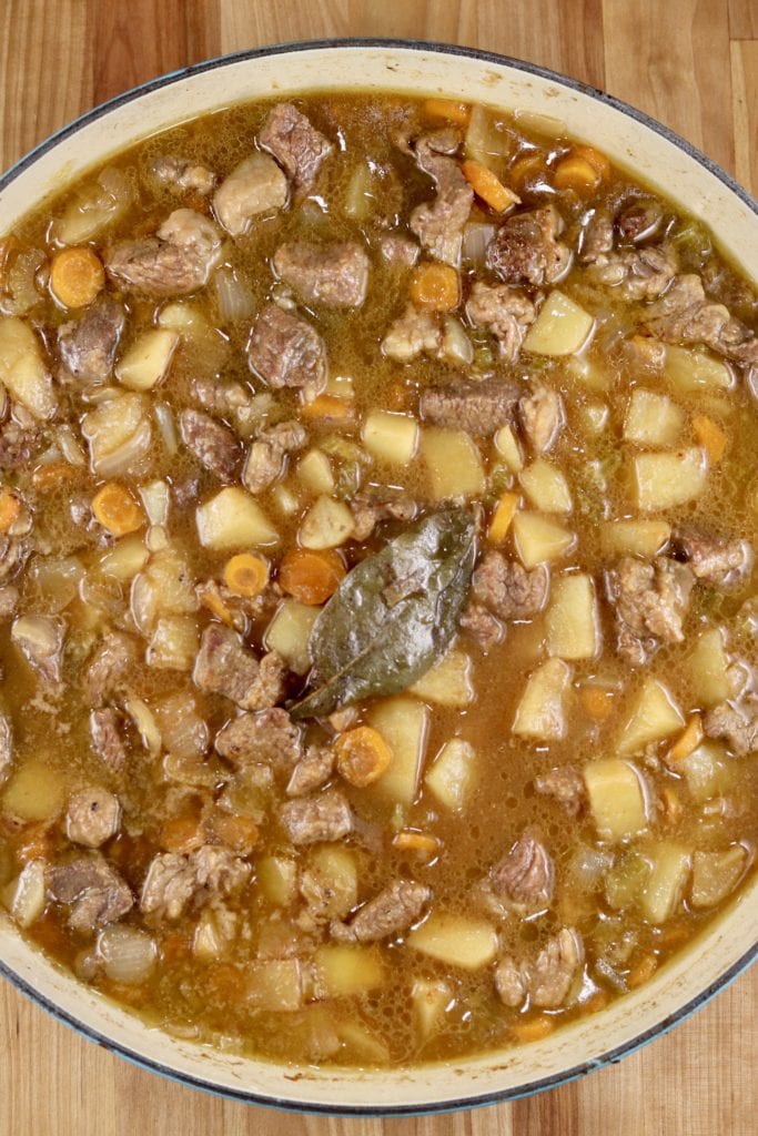 Pot of beef stew with potatoes and carrots