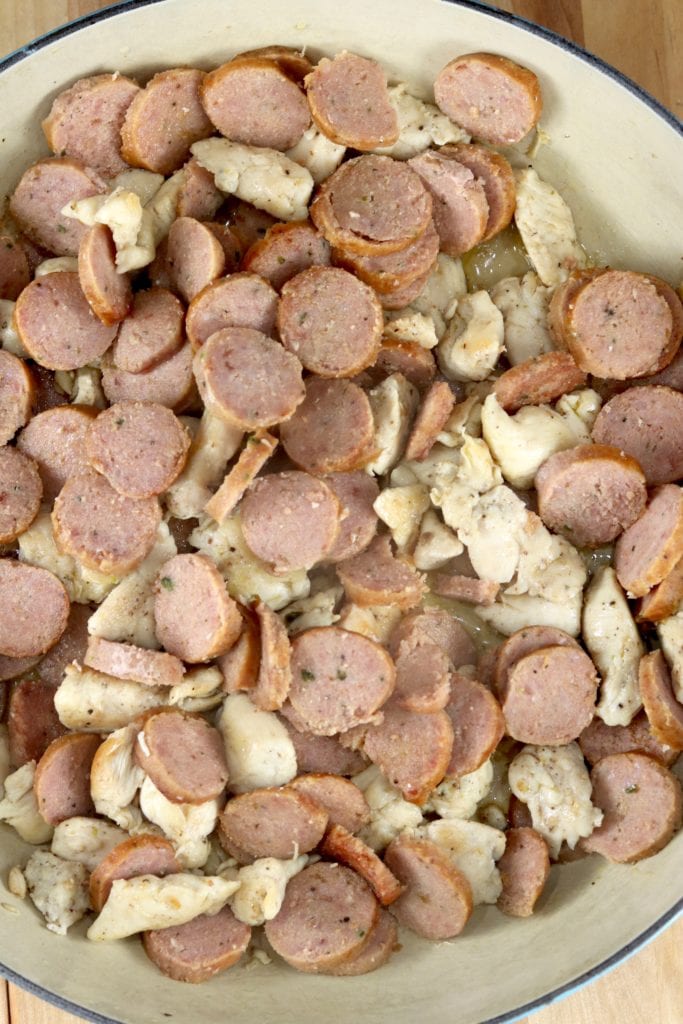 Cooked chicken and sausage for Jambalaya