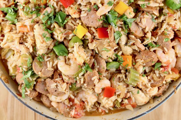 Pan of Jambalaya with chicken, sausage, shrimp and crawfish