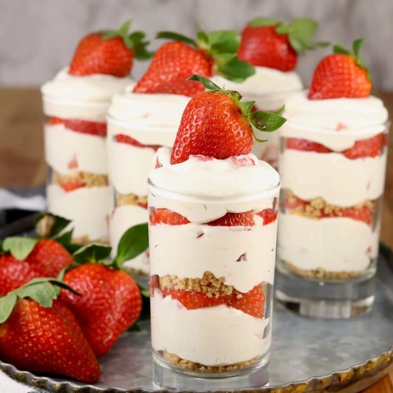 No bake strawberry cheesecake in glasses.