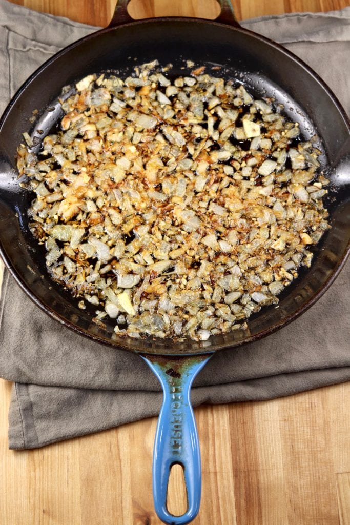 Sauteed onions in a skillet