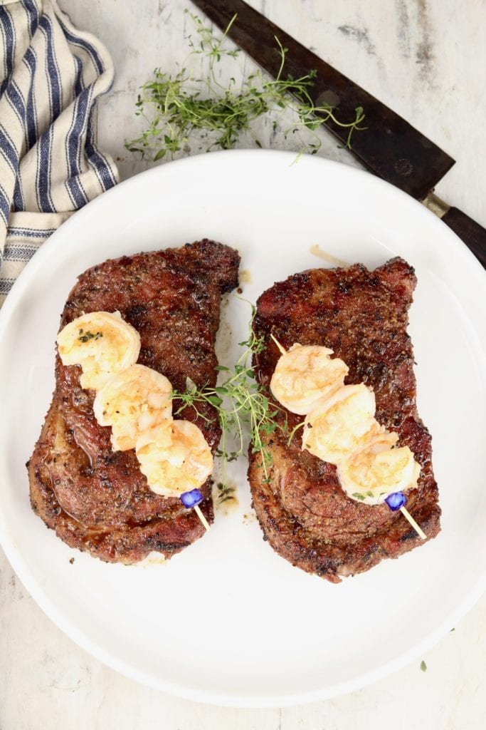 Dinner plate with surf and turf - steak and shrimp