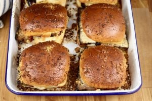 Brisket Sliders in a white baking dish