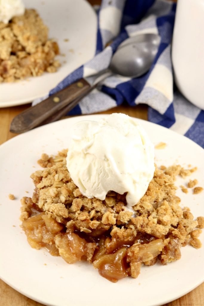 apple crisp topped with ice cream