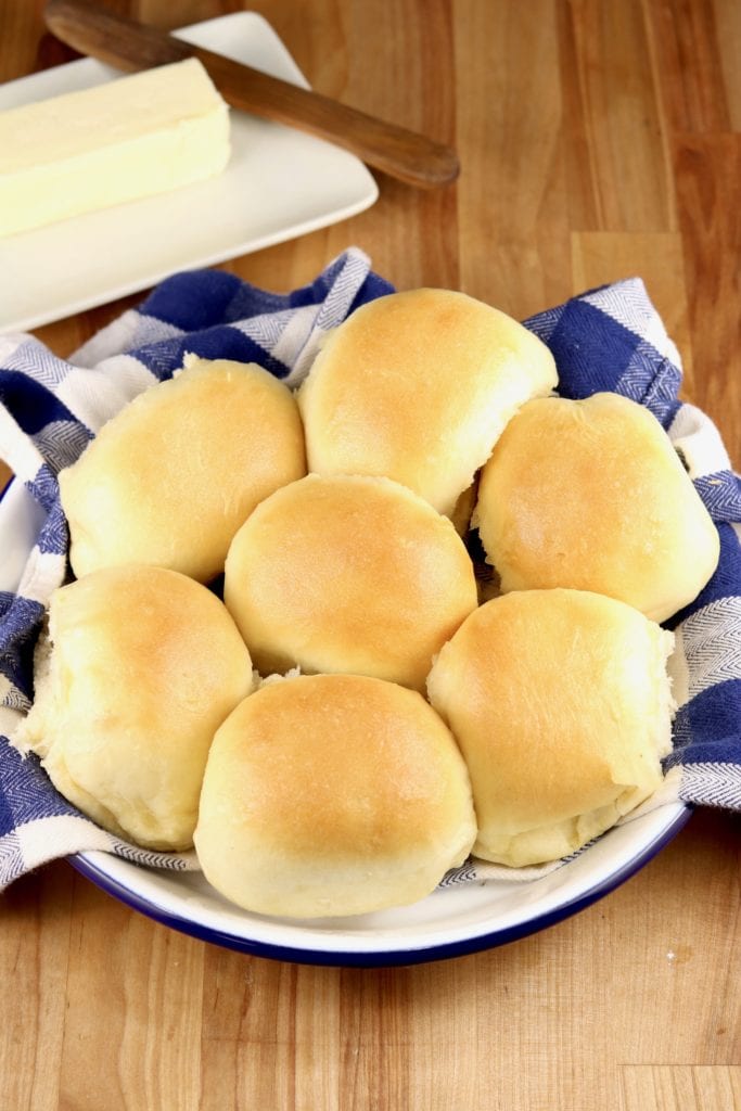 Yeast Rolls on a blue check napkin