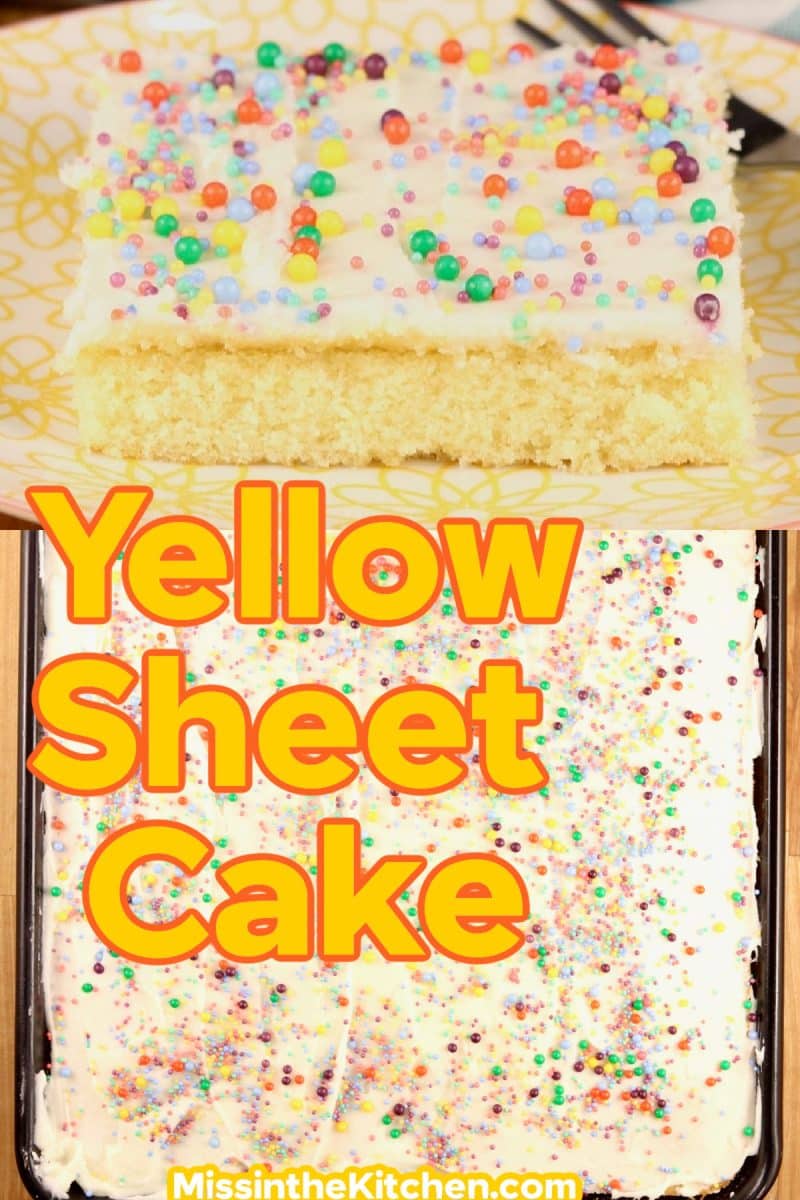 Yellow sheet cake collage: slice/cake with sprinkles.