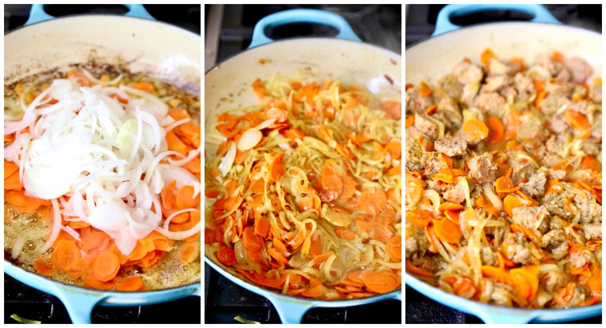 Cooking onions, carrots, smoked sausage collage.