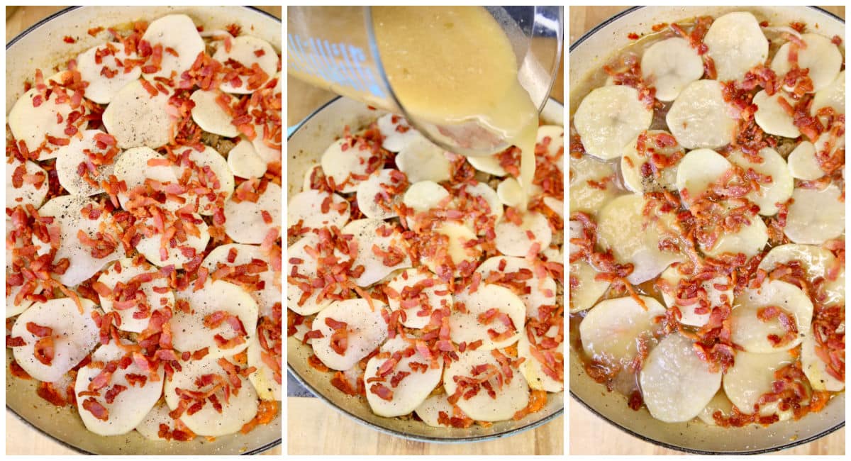 Making Dublin coddle with bacon and chicken broth collage.