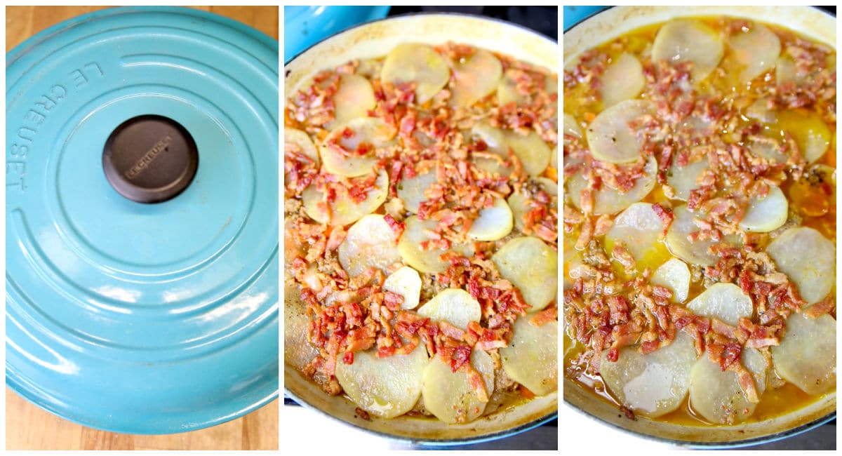 Collage: baking Dublin coddle.