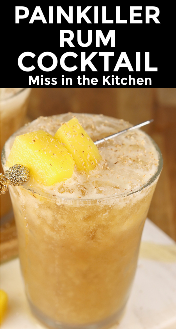 Rum cocktail with pineapple juice and cream of coconut. Garnished with pineapple chunks.