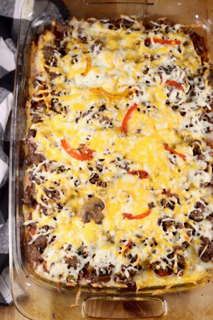Breakfast Pizza Casserole with biscuit crust, Italian Sausage, peppers and onions