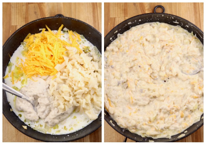 Sauce for broccoli rice casserole with water chestnuts, onions, can soup, cheese and milk.