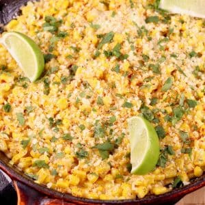 Mexican corn in a skillet.