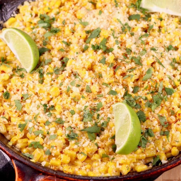 Mexican corn in a skillet.