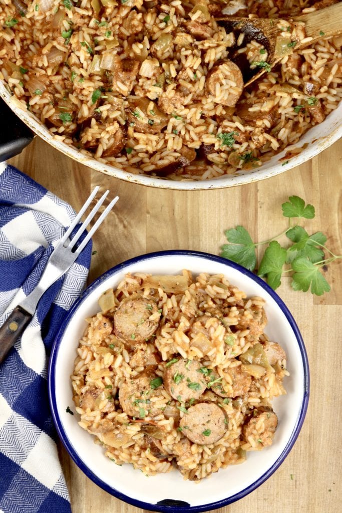 Andouille Rice Skillet is a flavorful and filling meal to make any night of the week! A quick and easy dinner that the whole family will enjoy with delicious Cajun flavors. Andouille Rice Skillet