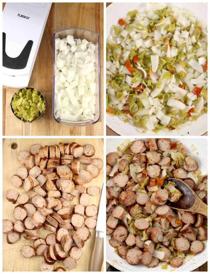 Chopped onion, peppers and sliced andouille sausage for Cajun rice skilliet