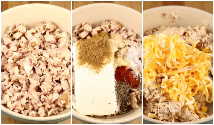 Chopped chicken, cream cheese mixture and cheese for chicken enchilada filling
