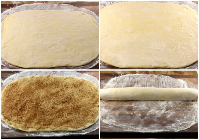 Rolling yeast dough out and filling with cinnamon and sugar