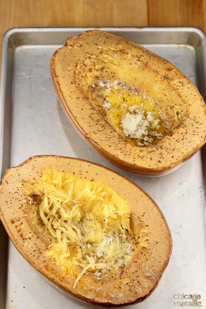 Grilled Spaghetti Squash on a sheet pan